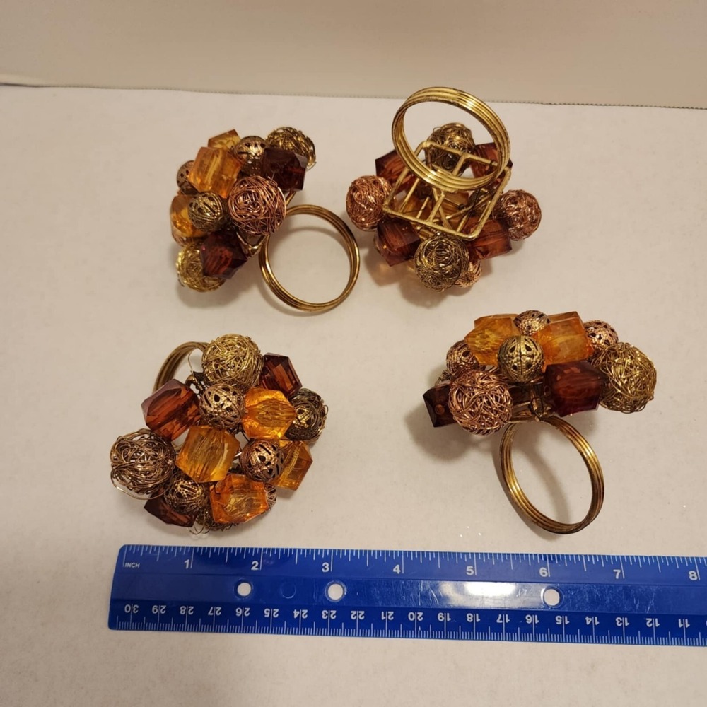 Pier 1 Imports Beaded Flower Gem Cluster Napkin Ring Holders Set of 4